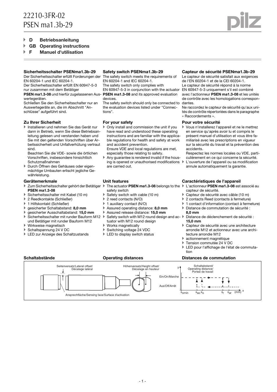 Pilz PSEN ma1.3b-29/PSEN ma1.3-08/8mm/1 unit User Manual | 8 pages