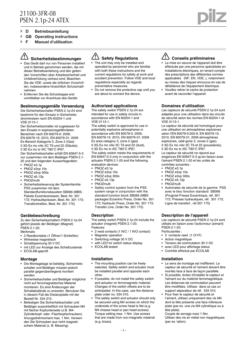 Pilz PSEN 2.1p-24/PSEN2.1-20/8mm/LED/EX/1unit User Manual | 8 pages
