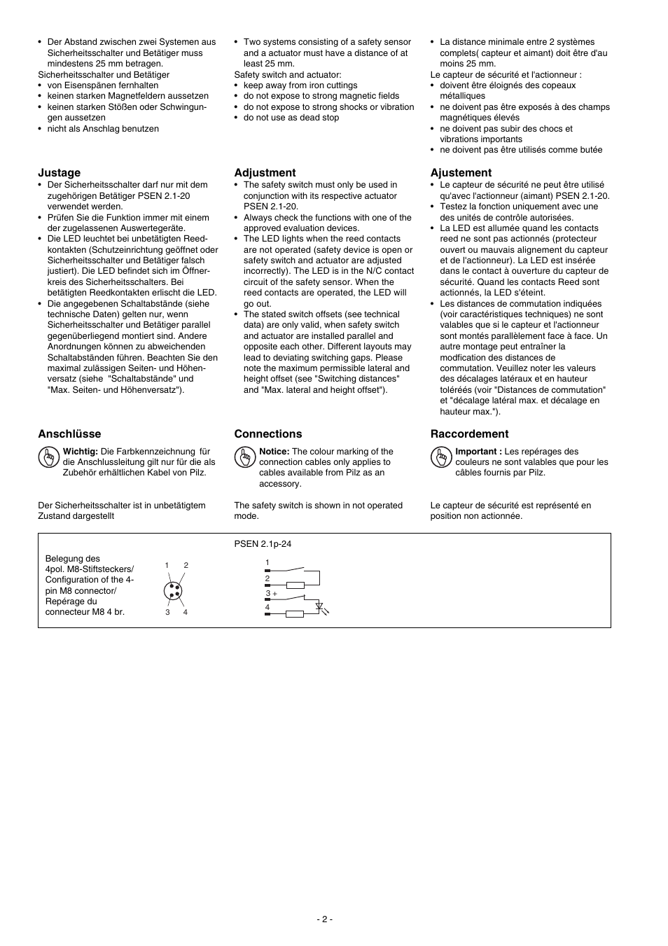 Adjustment, Connections, Ajustement | Raccordement, Justage, Anschlüsse | Pilz PSEN 2.1p-24/PSEN2.1-20/8mm/LED/EX/1unit User Manual | Page 2 / 8