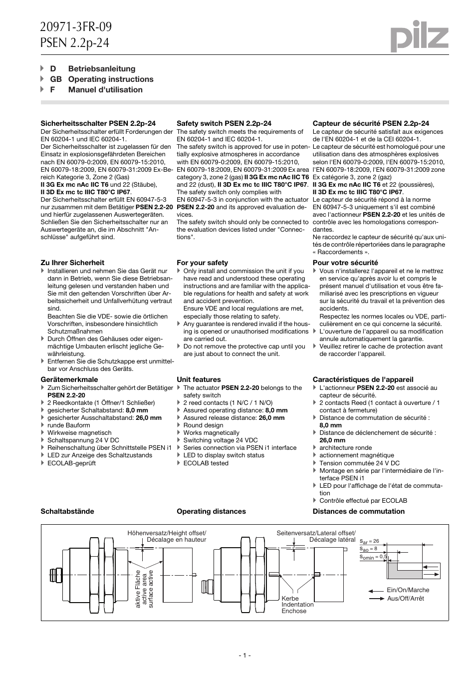 Pilz PSEN 2.2p-24/PSEN2.2-20/LED/8mm/ATEX User Manual | 6 pages