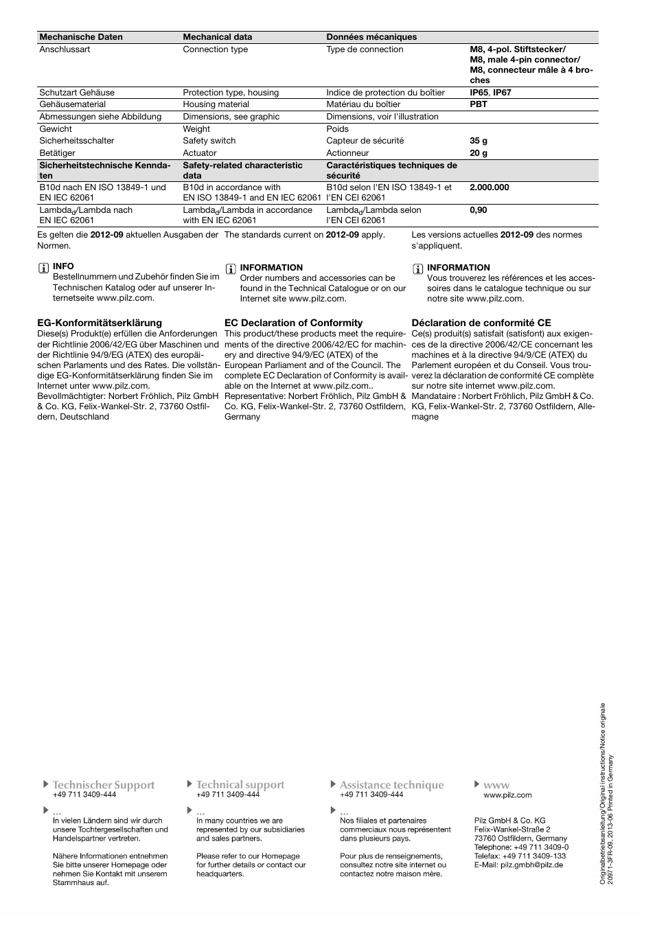 Eg-konformitätserklärung, Ec declaration of conformity, Déclaration de conformité ce | Pilz PSEN 2.2p-24/PSEN2.2-20/LED/8mm/ATEX User Manual | Page 6 / 6