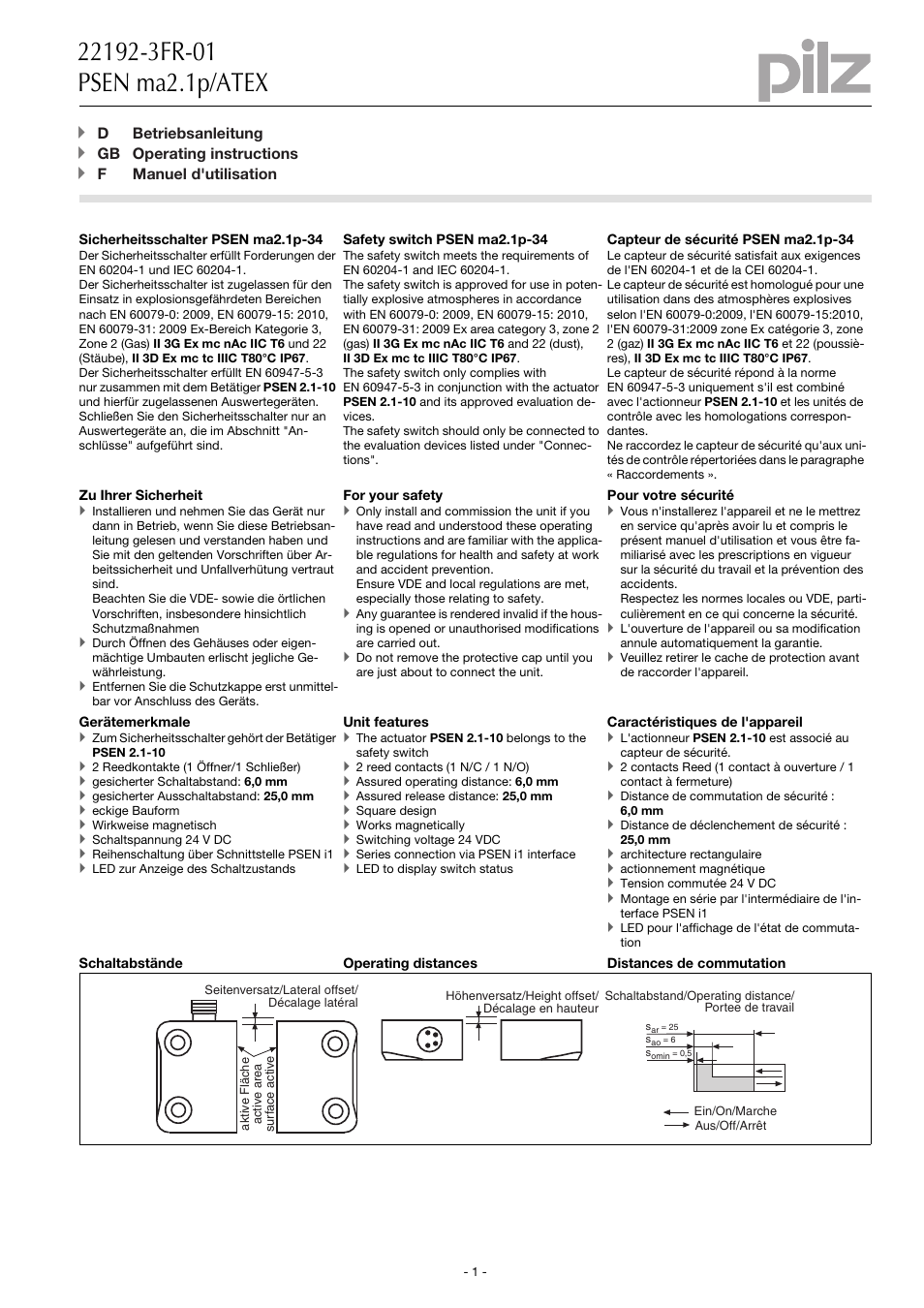 Pilz PSEN ma2.1p-34/PSEN2.1-10-06/LED/ATEX/1u User Manual | 8 pages