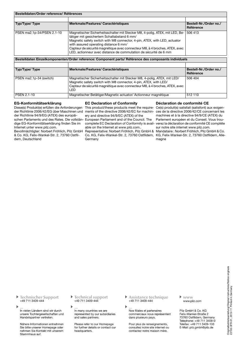 Eg-konformitätserklärung, Ec declaration of conformity, Déclaration de conformité ce | Pilz PSEN ma2.1p-34/PSEN2.1-10-06/LED/ATEX/1u User Manual | Page 8 / 8