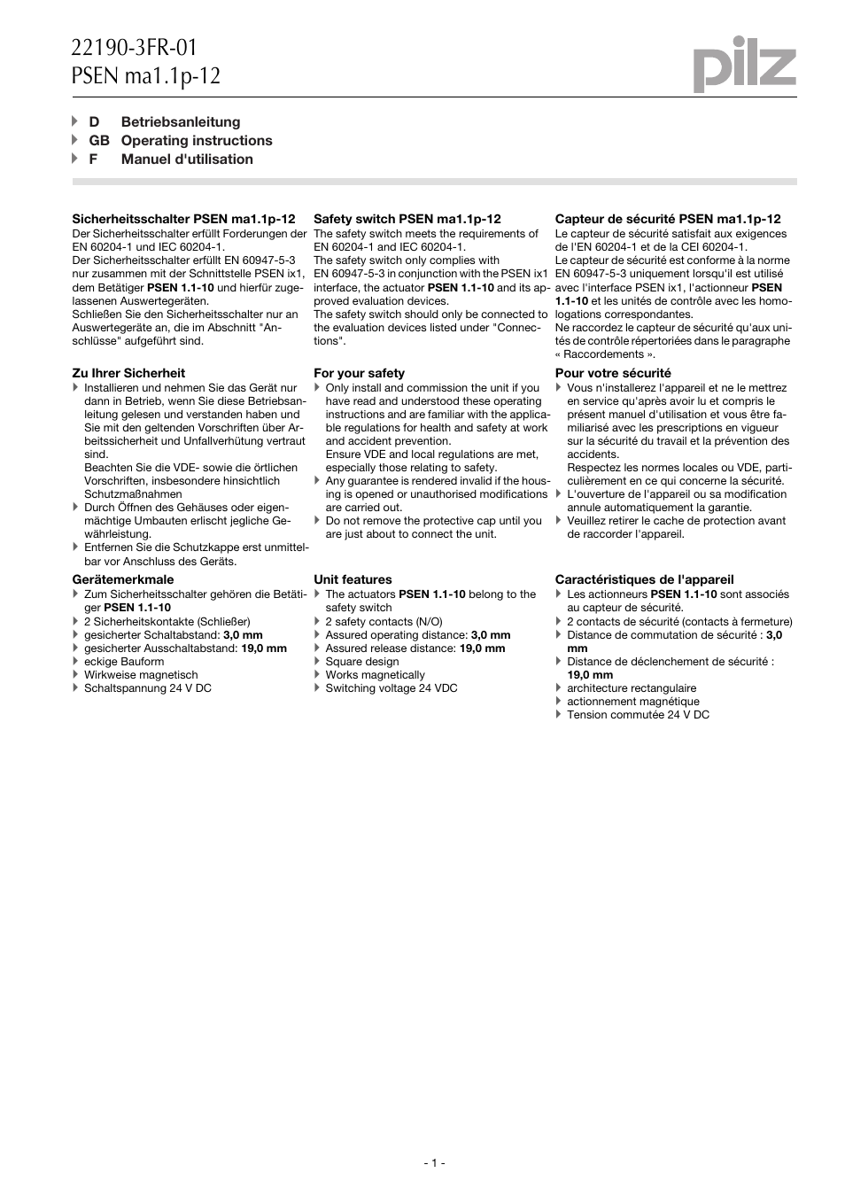 Pilz PSEN ma1.1p-12/PSEN1.1-10/3mm/ix1/1unit User Manual | 8 pages