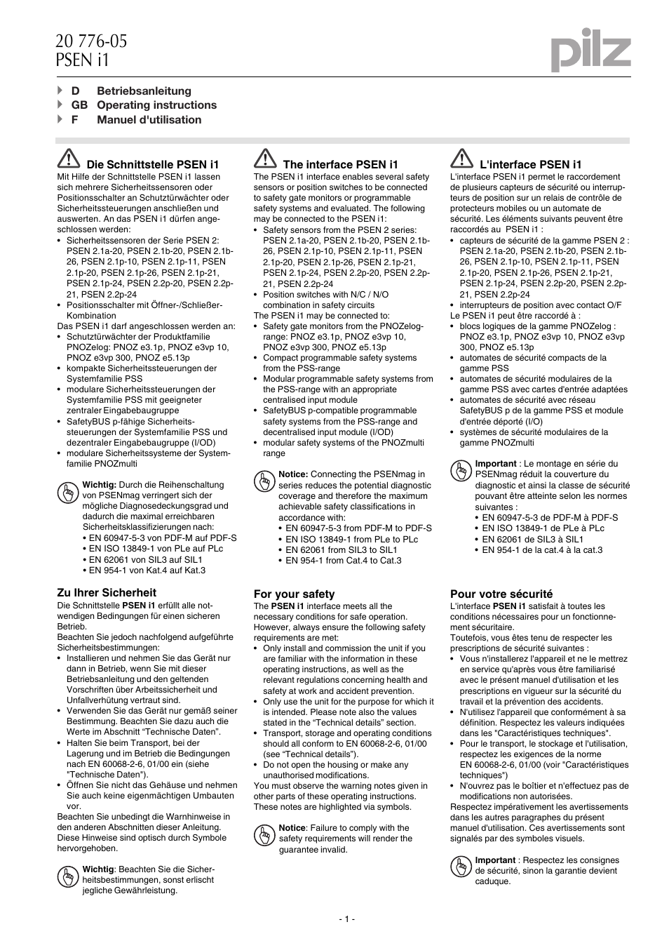 Pilz PSEN i1 Interface for 4 PSEN 2 User Manual | 8 pages