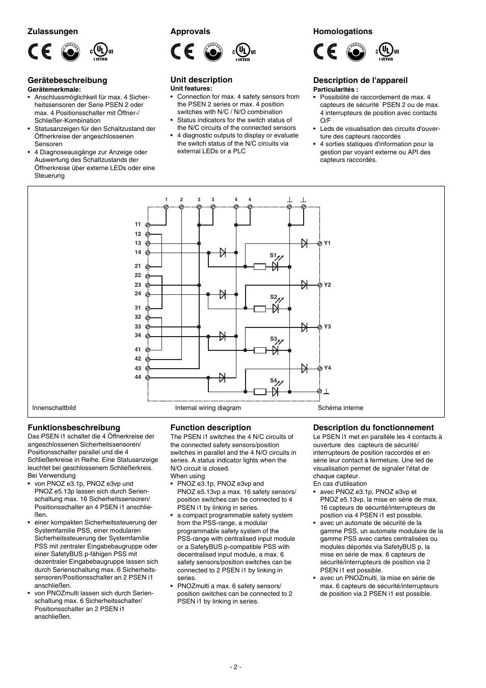 Zulassungen gerätebeschreibung, Funktionsbeschreibung, Approvals unit description | Function description, Homologations description de l'appareil, Description du fonctionnement | Pilz PSEN i1 Interface for 4 PSEN 2 User Manual | Page 2 / 8