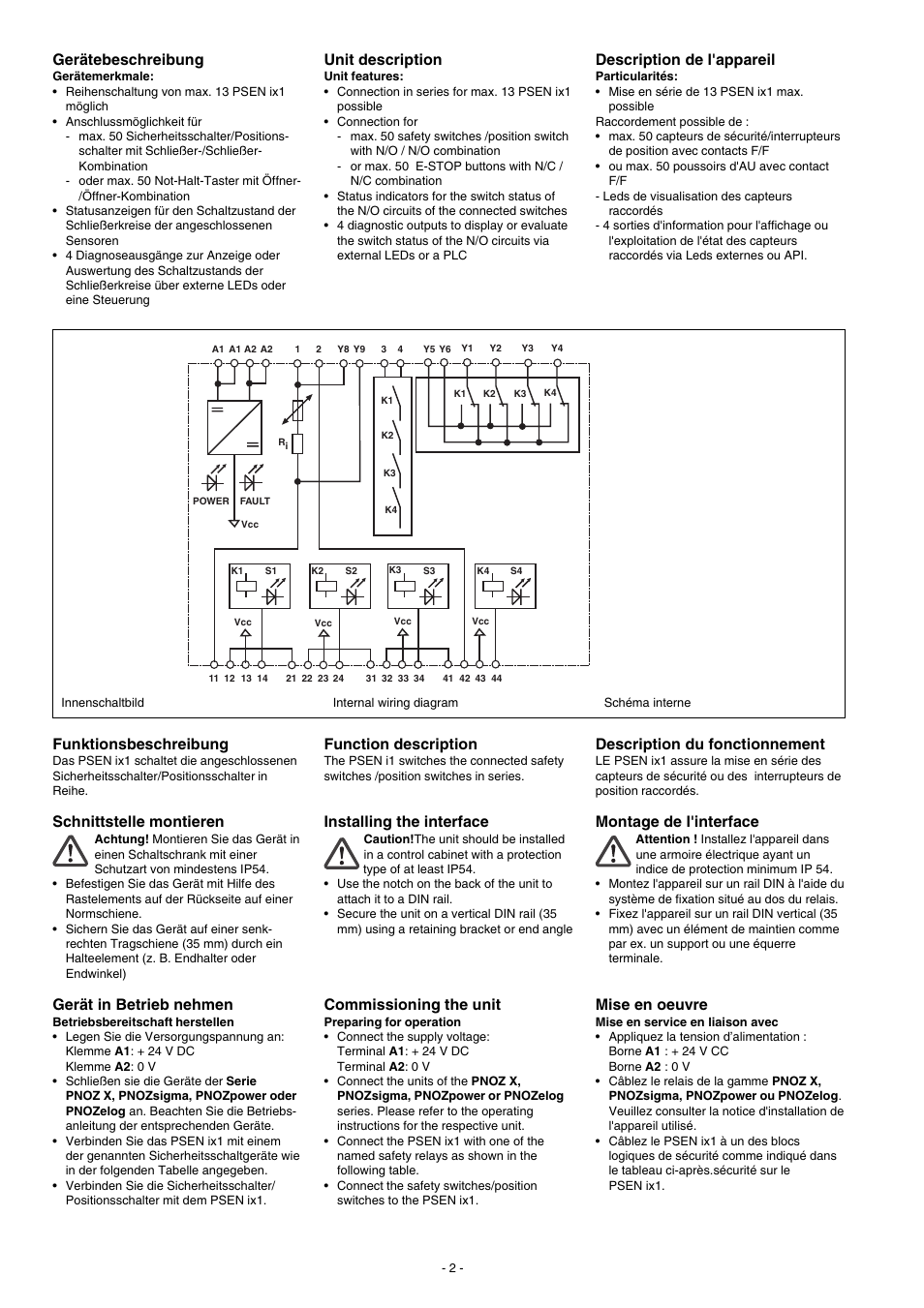 Gerätebeschreibung, Funktionsbeschreibung, Schnittstelle montieren | Gerät in betrieb nehmen, Description de l'appareil, Description du fonctionnement, Montage de l'interface, Mise en oeuvre, Unit description, Function description | Pilz PSEN ix1 Interface for 4 PSEN 1 User Manual | Page 2 / 8