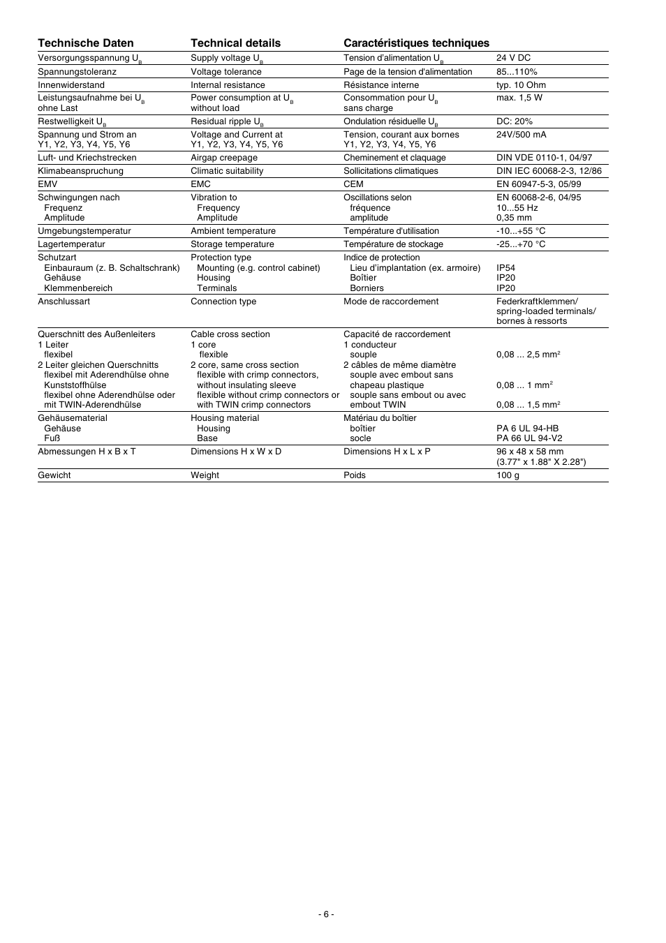 Technische daten, Technical details, Caractéristiques techniques | Pilz PSEN ix1 Interface for 4 PSEN 1 User Manual | Page 6 / 8