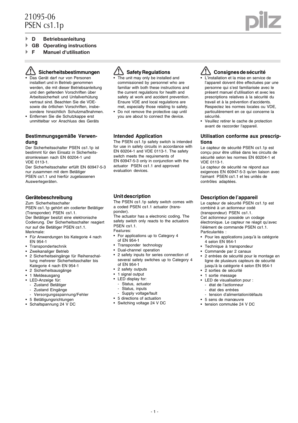 Pilz PSEN cs4.1 1 actuator User Manual | 10 pages