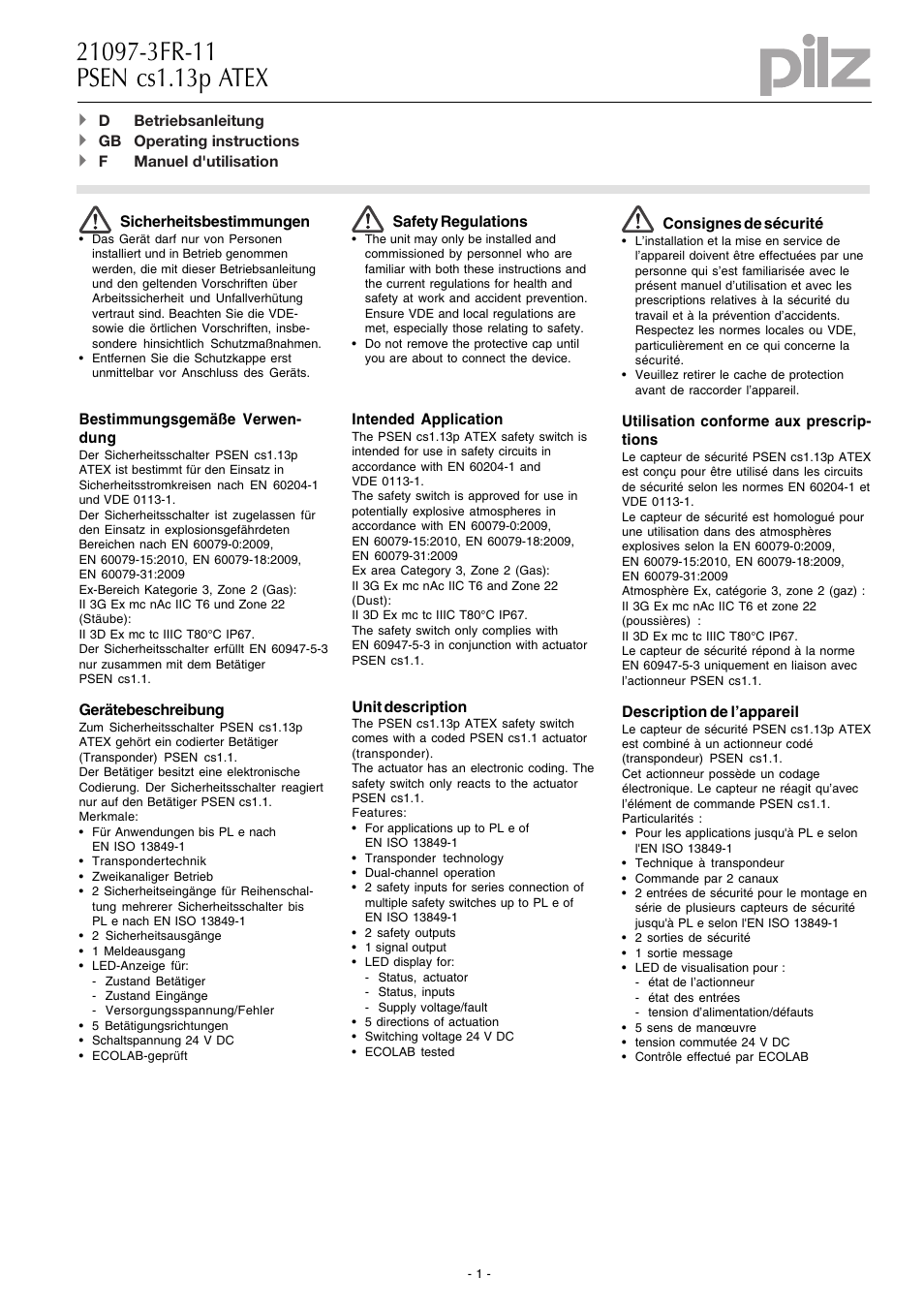 Pilz ATEX 1 Unit User Manual | 10 pages