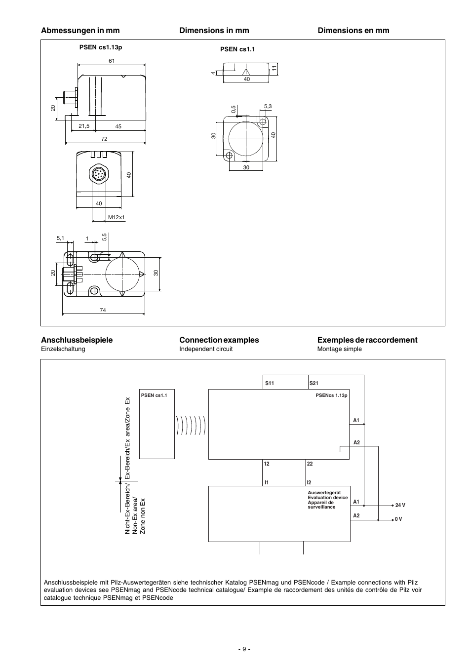 Abmessungen in mm, Dimensions in mm dimensions en mm, Anschlussbeispiele | Connection examples, Exemples de raccordement | Pilz ATEX 1 Unit User Manual | Page 9 / 10