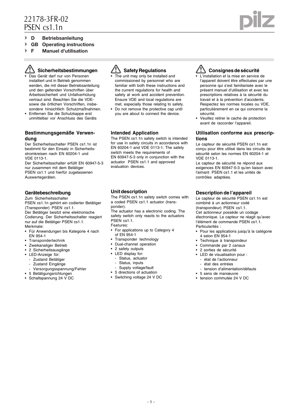 Pilz PSEN cs4.1 1 actuator User Manual | 10 pages