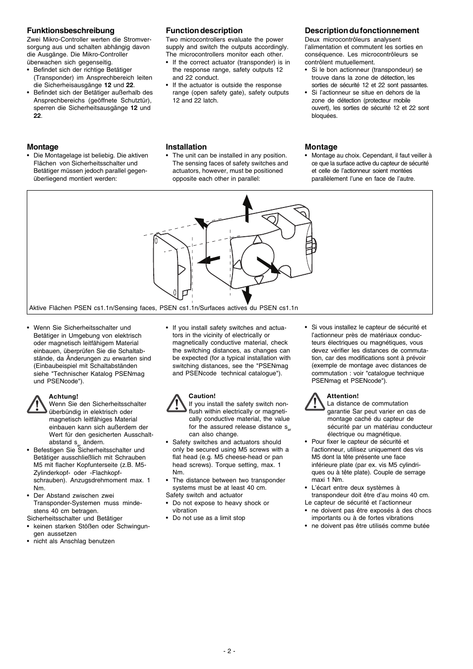 Funktionsbeschreibung, Montage, Function description | Installation, Description du fonctionnement | Pilz PSEN cs4.1 1 actuator User Manual | Page 2 / 10