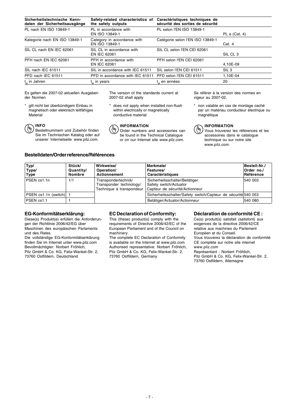 Eg-konformitätserklärung, Ec declaration of conformity, Déclaration de conformité ce | Bestelldaten/order reference/références | Pilz PSEN cs4.1 1 actuator User Manual | Page 7 / 10