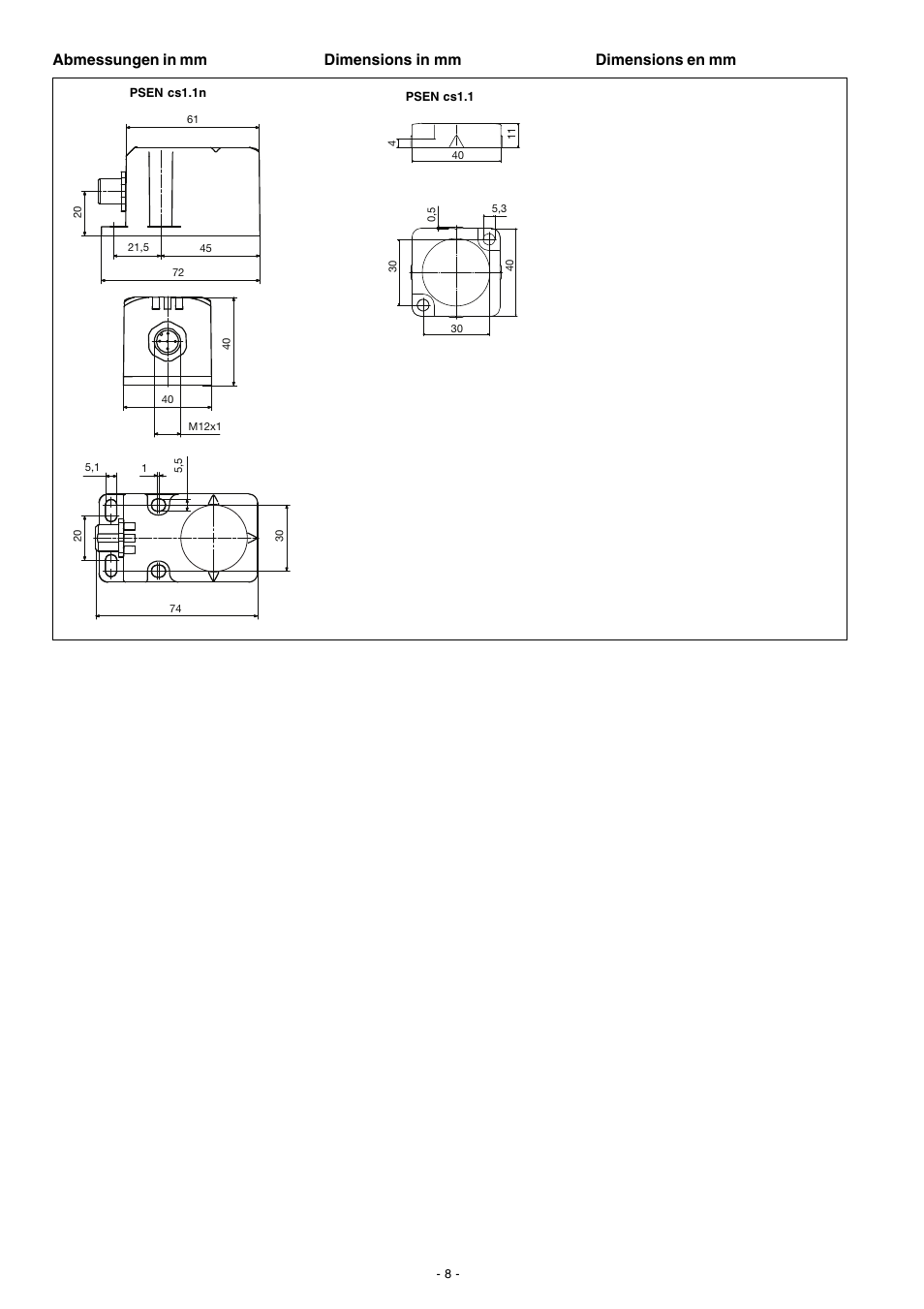 Abmessungen in mm, Dimensions in mm dimensions en mm | Pilz PSEN cs4.1 1 actuator User Manual | Page 8 / 10