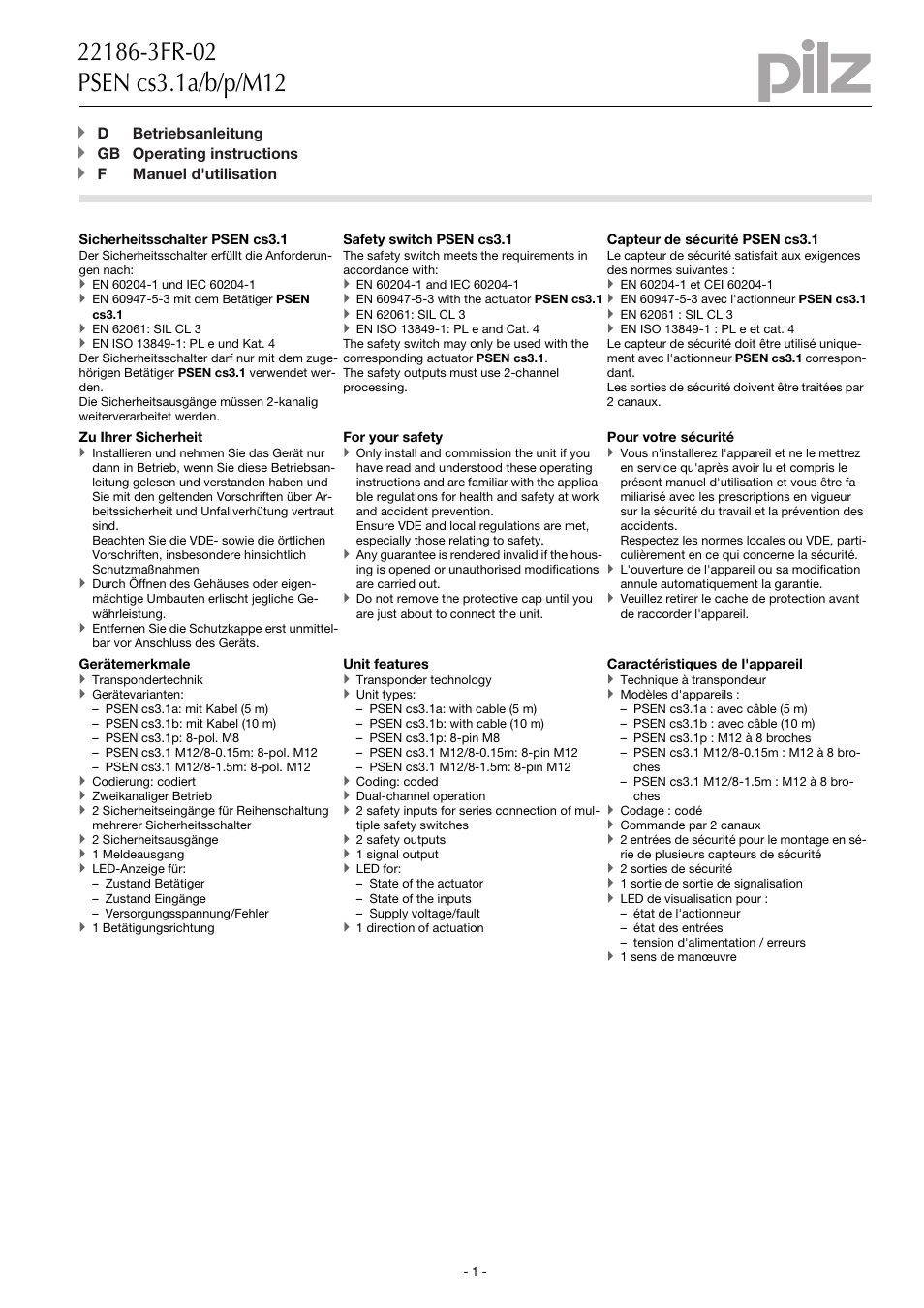 Pilz PSEN cs3.1 M12/8-1.5m User Manual | 16 pages