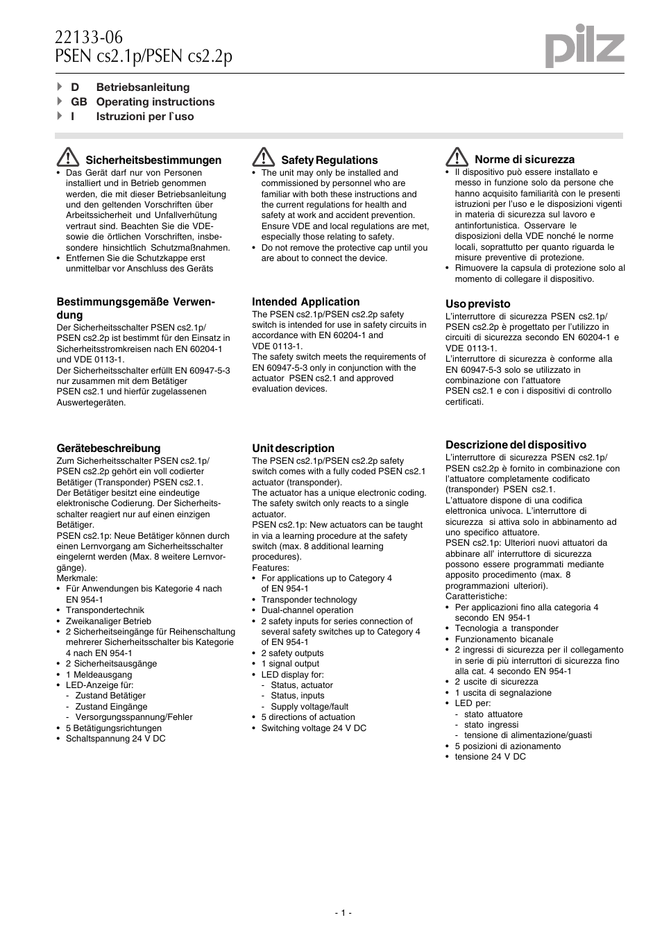 Pilz PSEN cs4.1 1 actuator User Manual | 10 pages