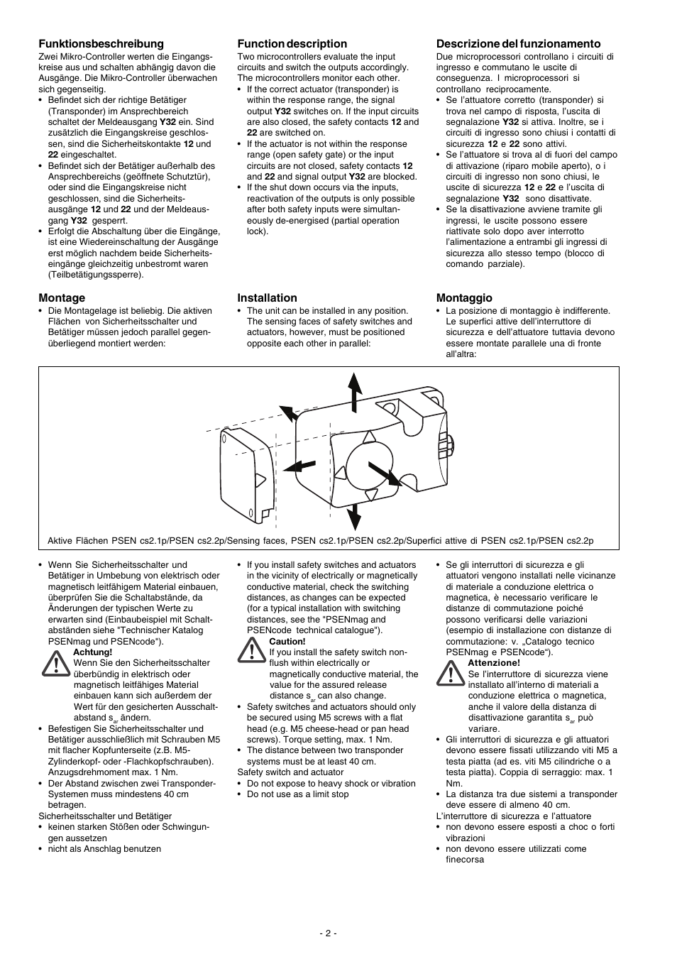 Funktionsbeschreibung, Montage, Function description | Installation, Descrizione del funzionamento, Montaggio | Pilz PSEN cs4.1 1 actuator User Manual | Page 2 / 10
