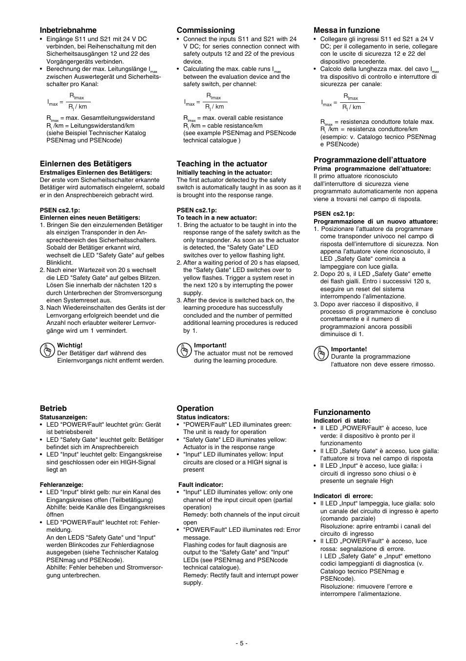 Inbetriebnahme, Einlernen des betätigers, Betrieb | Commissioning, Teaching in the actuator, Operation, Messa in funzione, Programmazione dell’attuatore, Funzionamento | Pilz PSEN cs4.1 1 actuator User Manual | Page 5 / 10