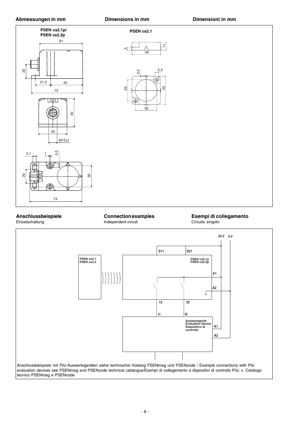 Abmessungen in mm, Anschlussbeispiele, Connection examples | Esempi di collegamento, Dimensions in mm dimensioni in mm | Pilz PSEN cs4.1 1 actuator User Manual | Page 8 / 10