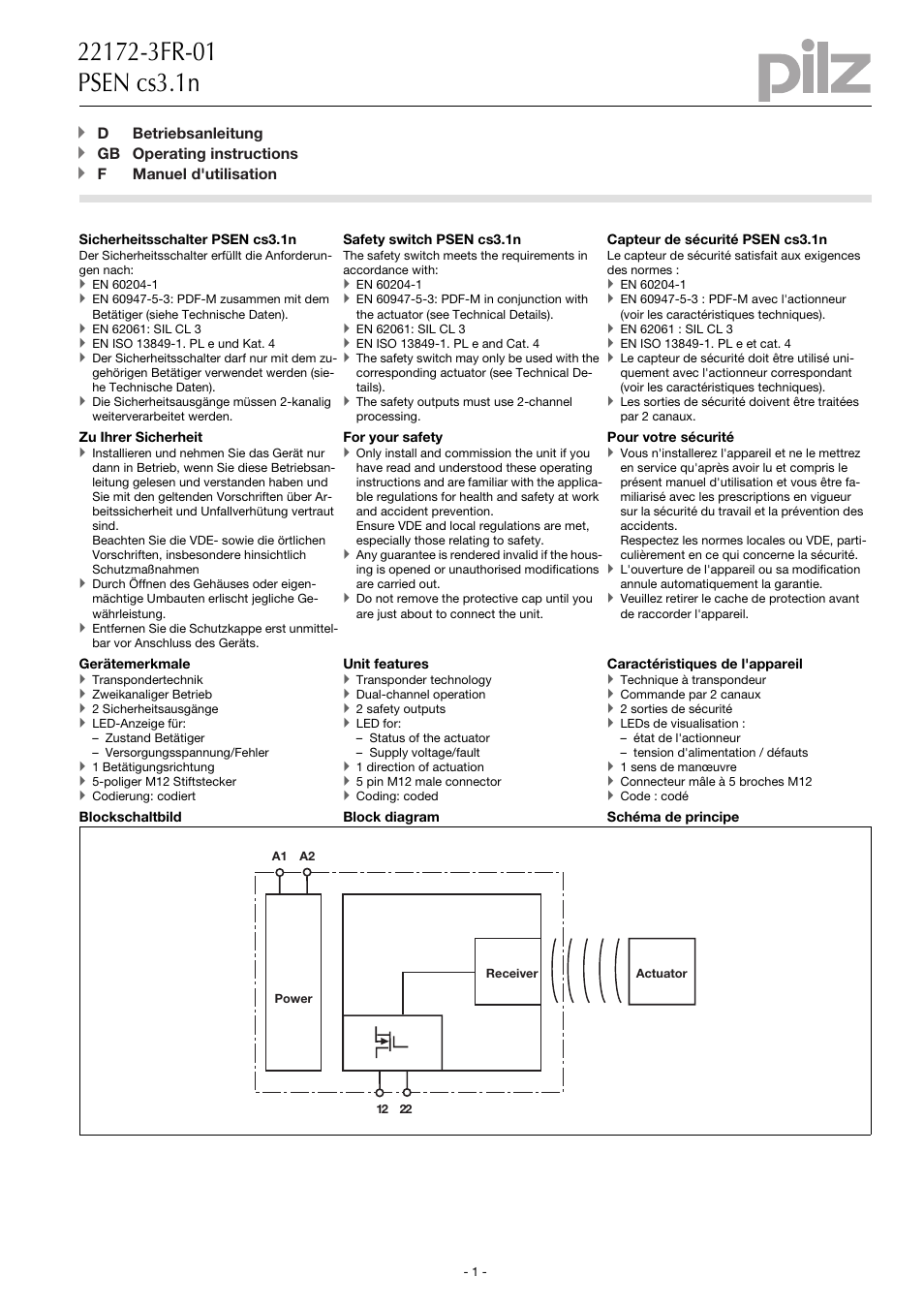 Pilz PSEN cs3.1 1 Unit User Manual | 12 pages