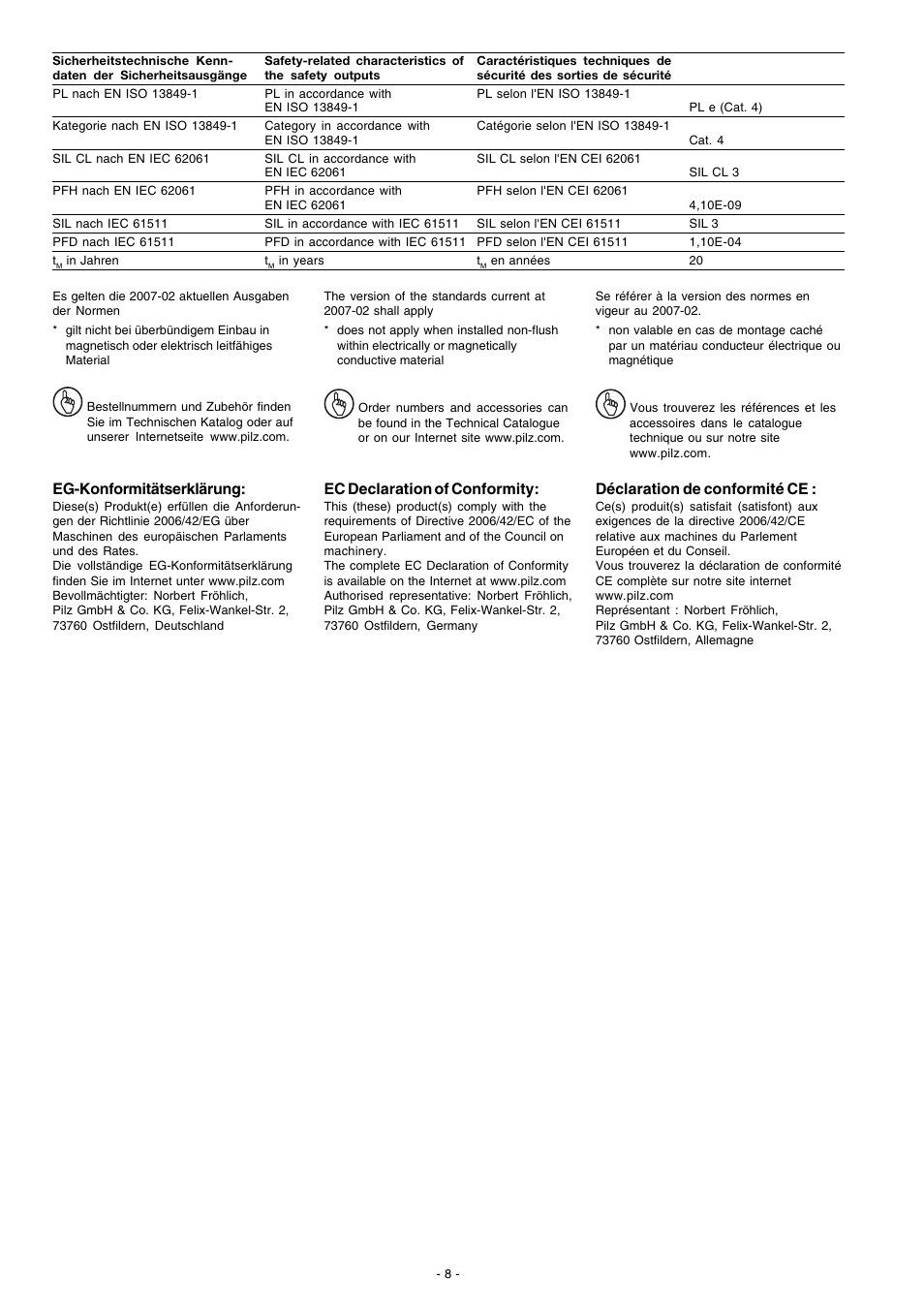 Eg-konformitätserklärung, Ec declaration of conformity, Déclaration de conformité ce | Pilz PSEN cs4.1 1 actuator User Manual | Page 8 / 10