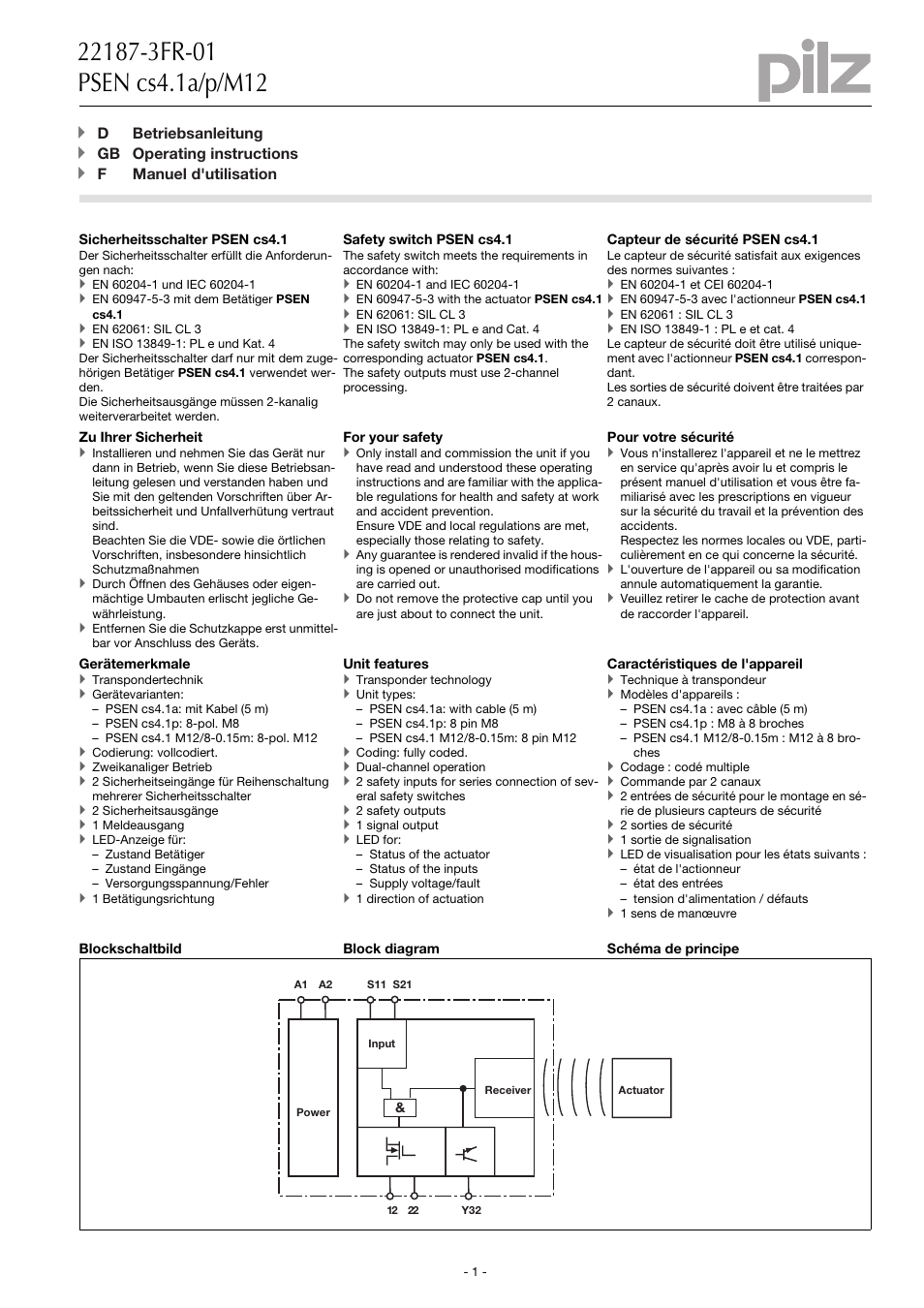 Pilz PSEN cs4.1b 1switch User Manual | 15 pages