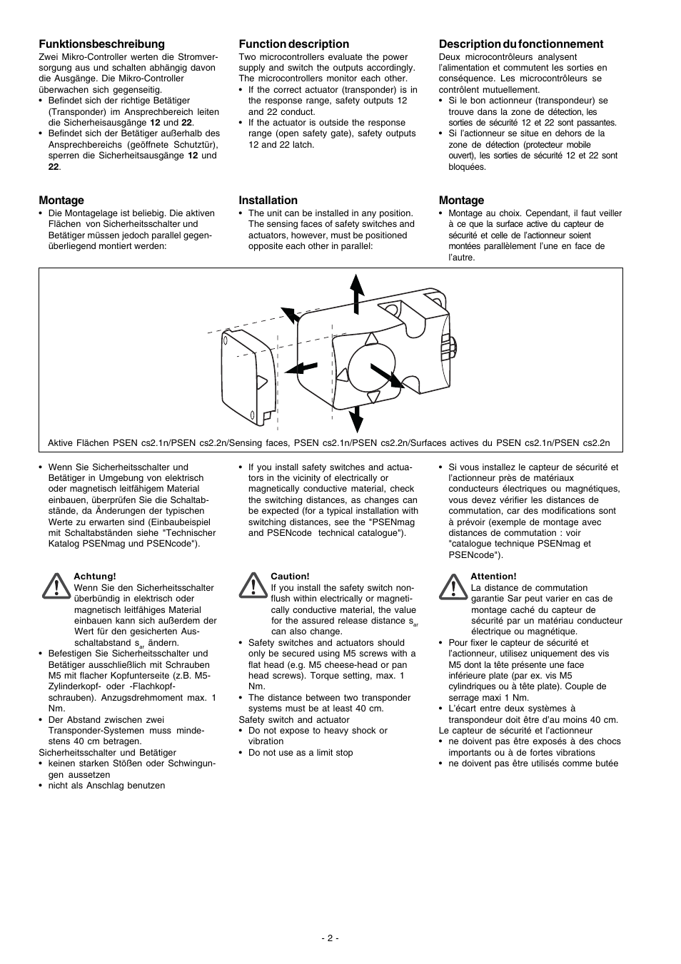 Funktionsbeschreibung, Montage, Function description | Installation, Description du fonctionnement | Pilz PSEN cs4.1 1 actuator User Manual | Page 2 / 10