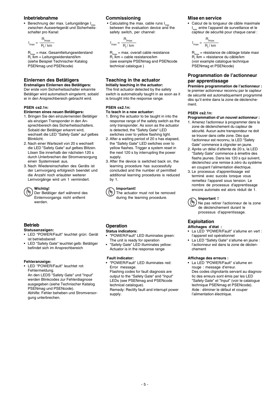 Inbetriebnahme, Einlernen des betätigers, Betrieb | Commissioning, Teaching in the actuator, Operation, Mise en service, Programmation de l’actionneur par apprentissage, Exploitation | Pilz PSEN cs4.1 1 actuator User Manual | Page 5 / 10