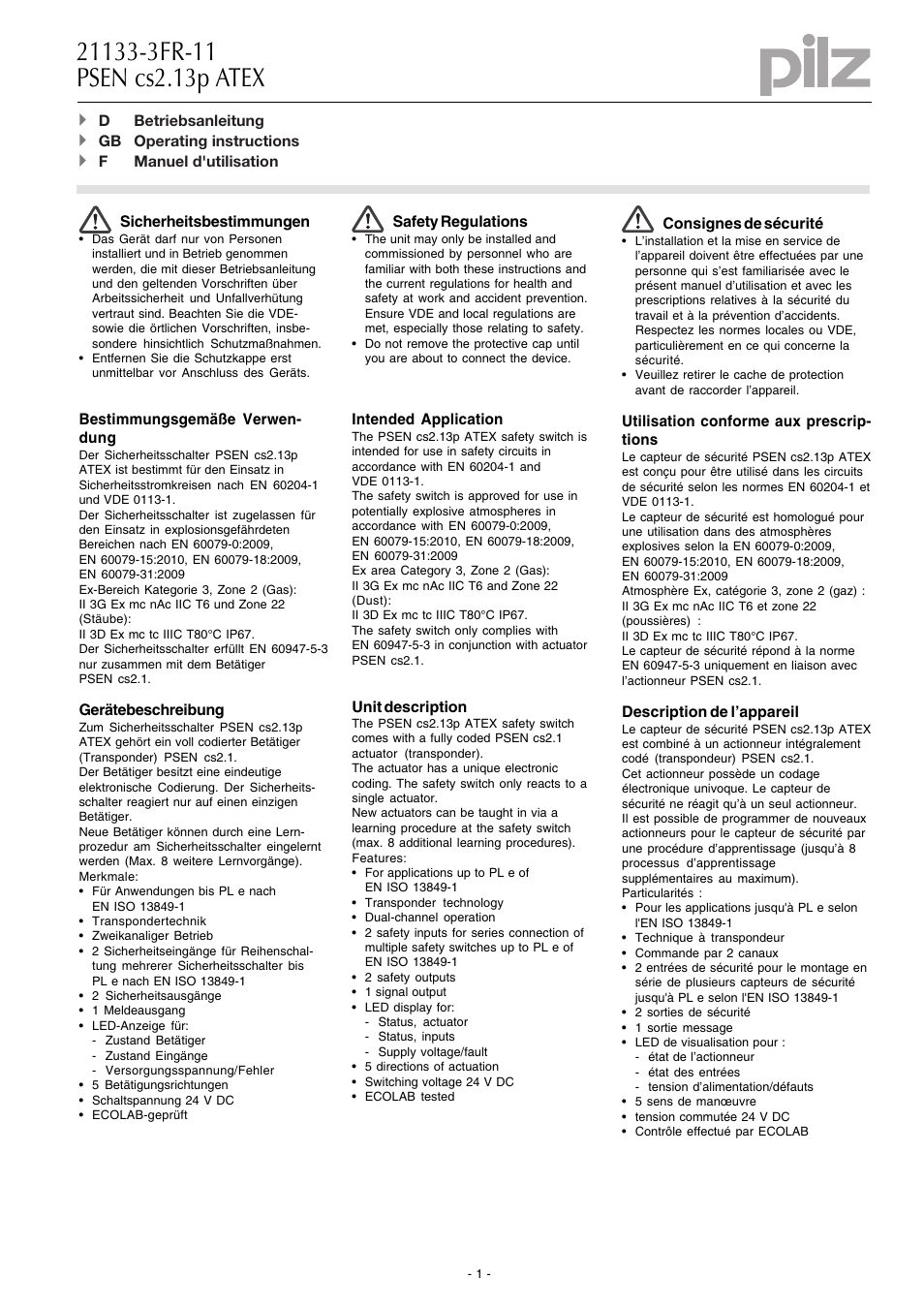 Pilz PSEN cs2.1 ATEX User Manual | 10 pages