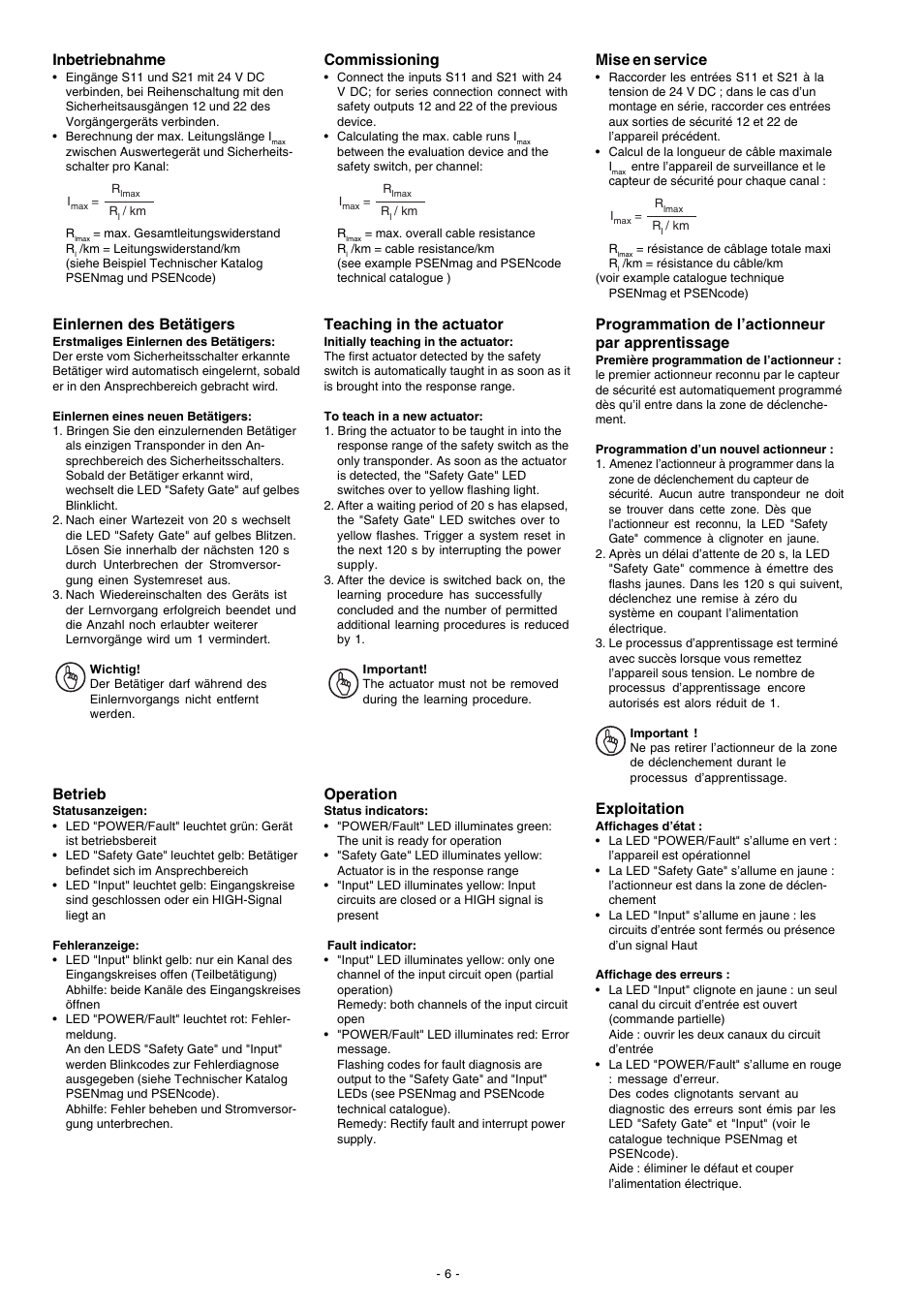 Inbetriebnahme, Einlernen des betätigers, Betrieb | Commissioning, Teaching in the actuator, Operation, Mise en service, Programmation de l’actionneur par apprentissage, Exploitation | Pilz PSEN cs2.1 ATEX User Manual | Page 6 / 10