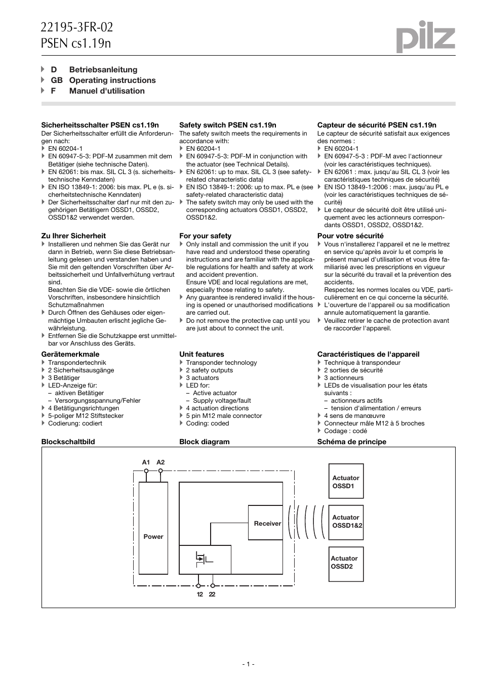 Pilz PSEN cs1.19 1sw+OSSD2 User Manual | 14 pages