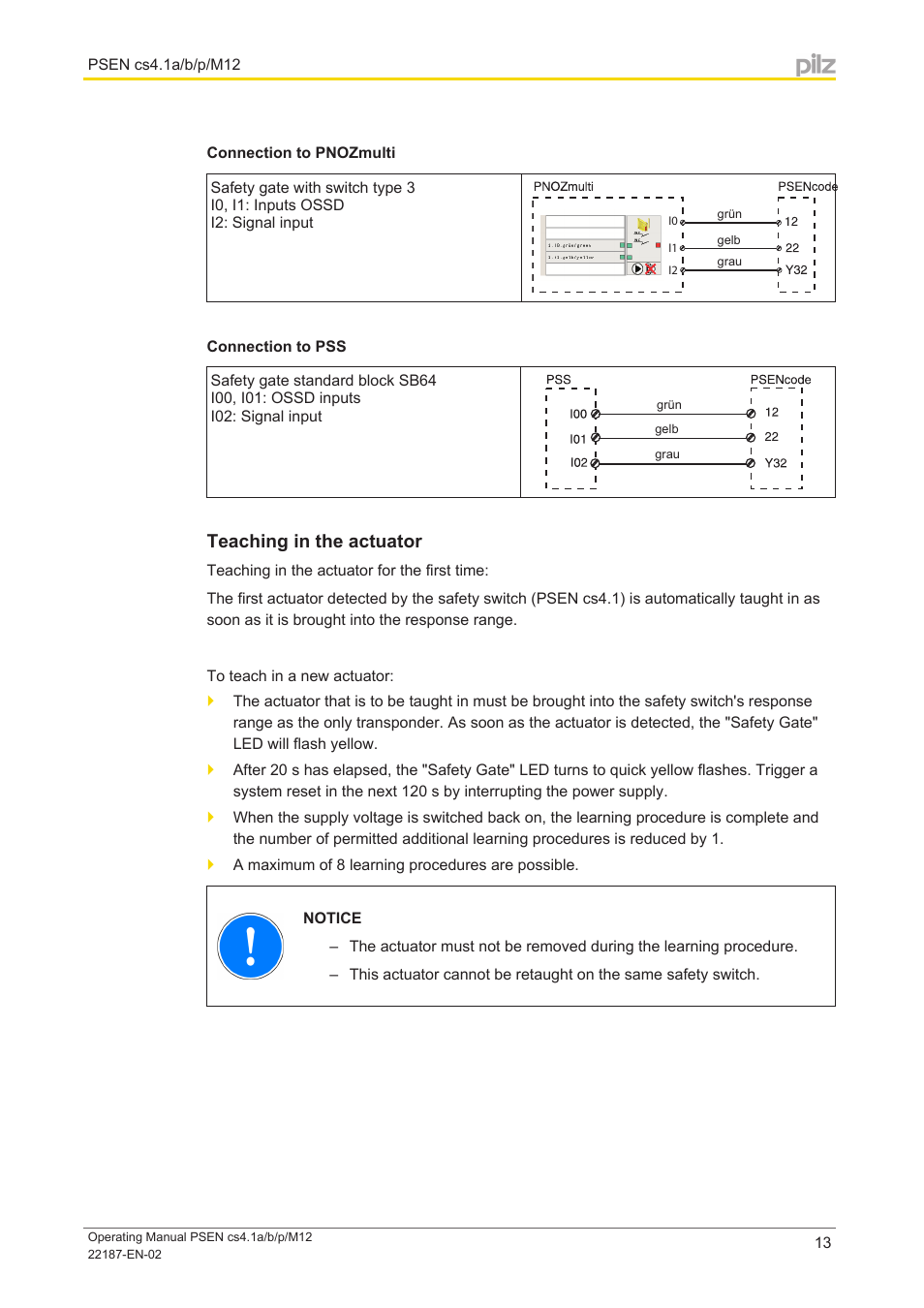 Connection to pnozmulti, Connection to pss, Teaching in the actuator | Pilz PSEN cs4.1a User Manual | Page 13 / 27