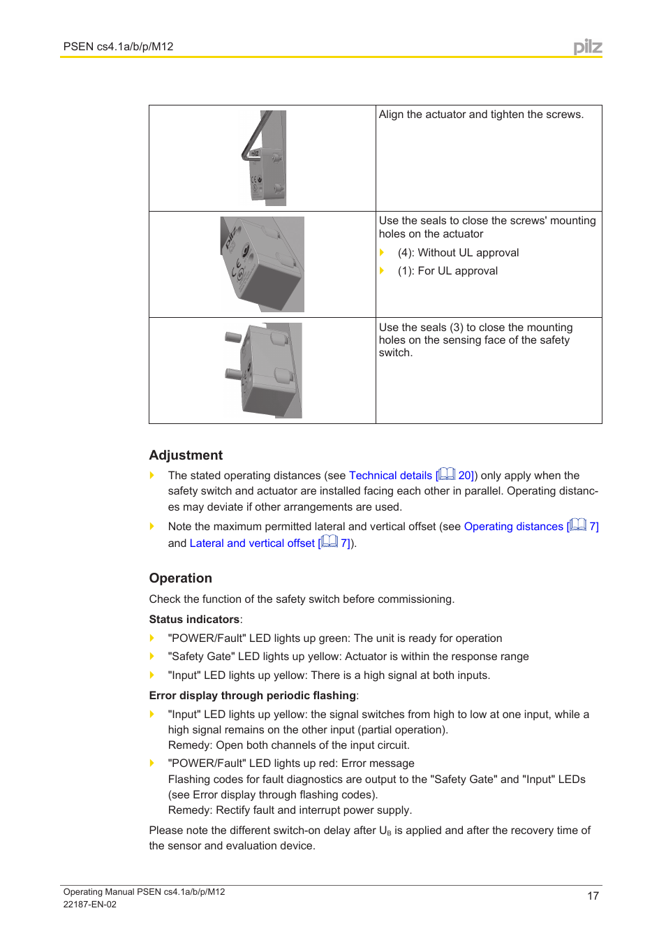 Adjustment, Operation | Pilz PSEN cs4.1a User Manual | Page 17 / 27