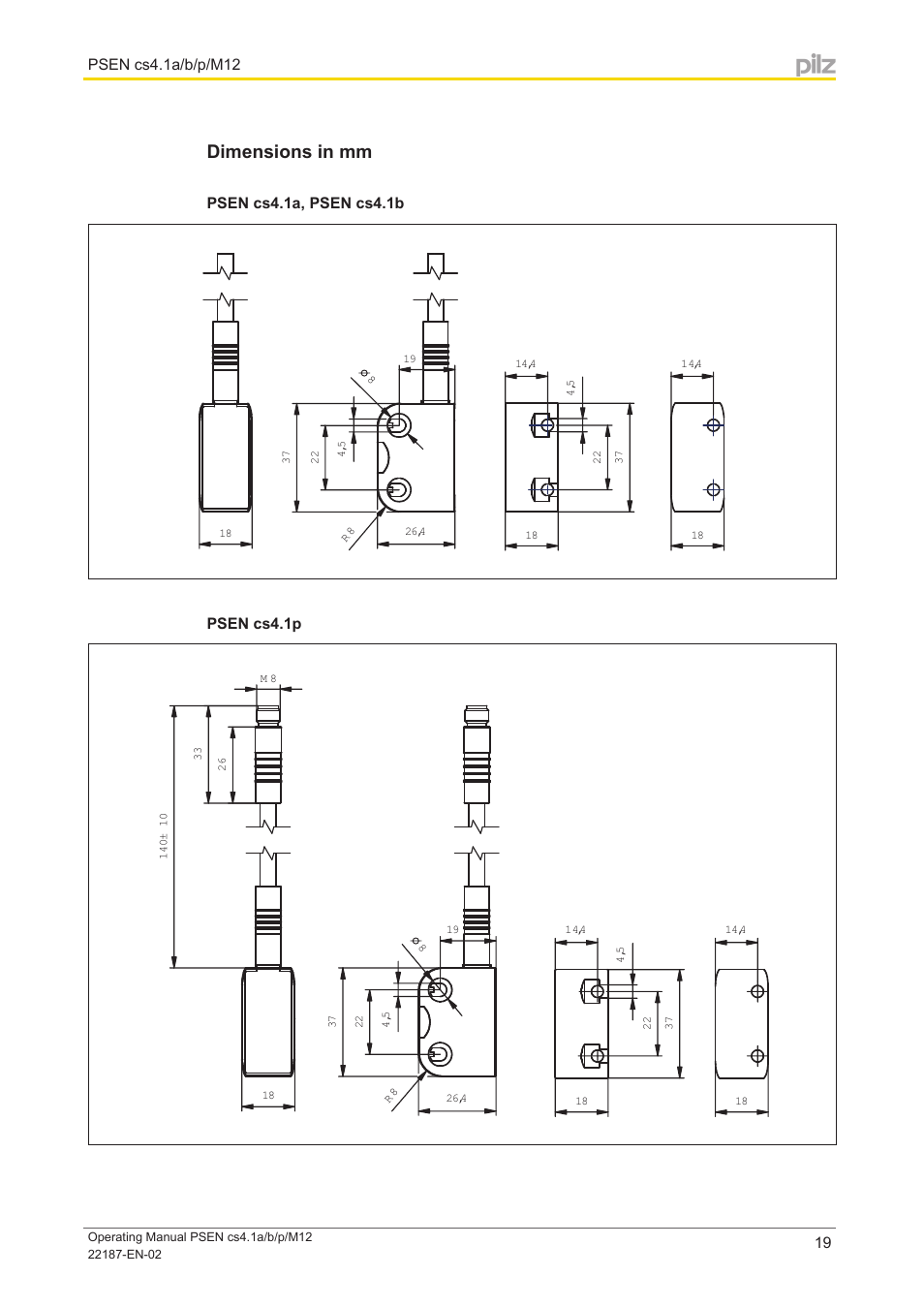 Dimensions in mm, Psen cs4.1a, psen cs4.1b, Psen cs4.1p | Mensions, Psen cs4.1a/b/p/m12 | Pilz PSEN cs4.1a User Manual | Page 19 / 27