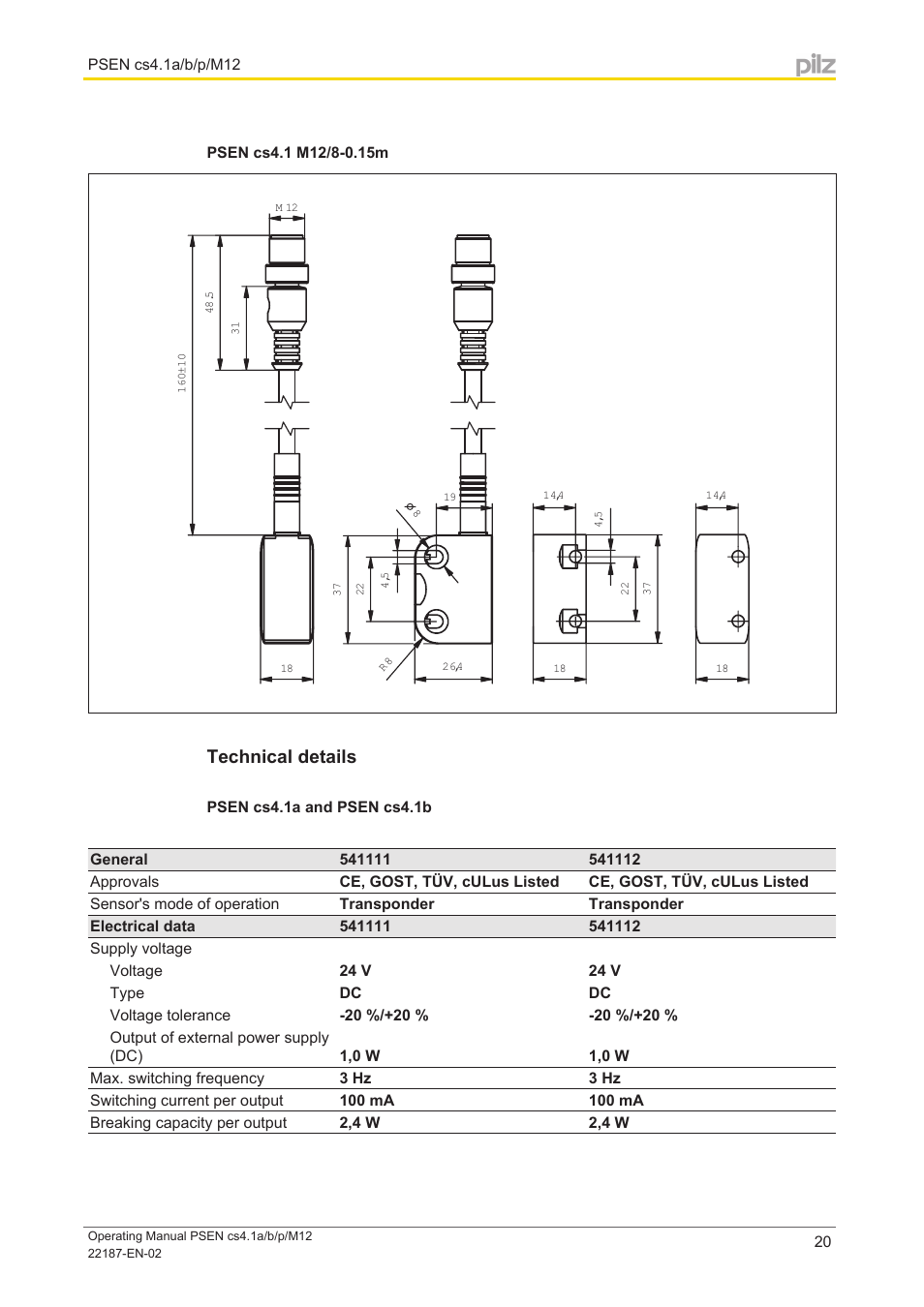 Psen cs4.1 m12/8-0.15m, Technical details, Technical de | Tails, The stated operating distances (see | Pilz PSEN cs4.1a User Manual | Page 20 / 27