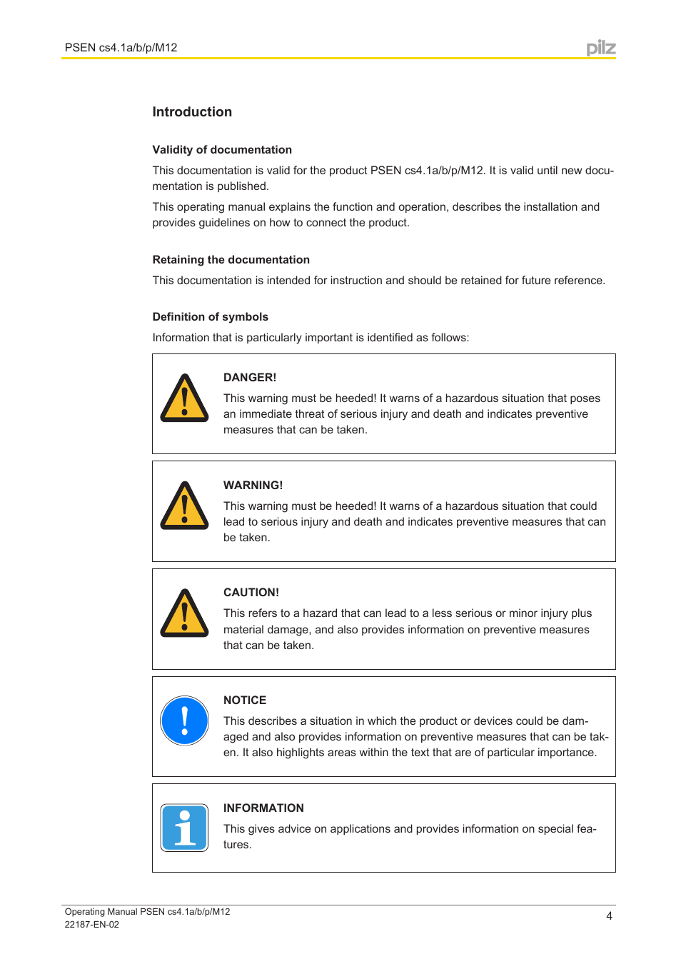 Introduction, Validity of documentation, Retaining the documentation | Definition of symbols | Pilz PSEN cs4.1a User Manual | Page 4 / 27