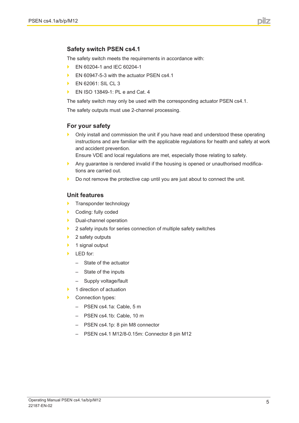 Safety switch psen cs4.1, For your safety, Unit features | Pilz PSEN cs4.1a User Manual | Page 5 / 27