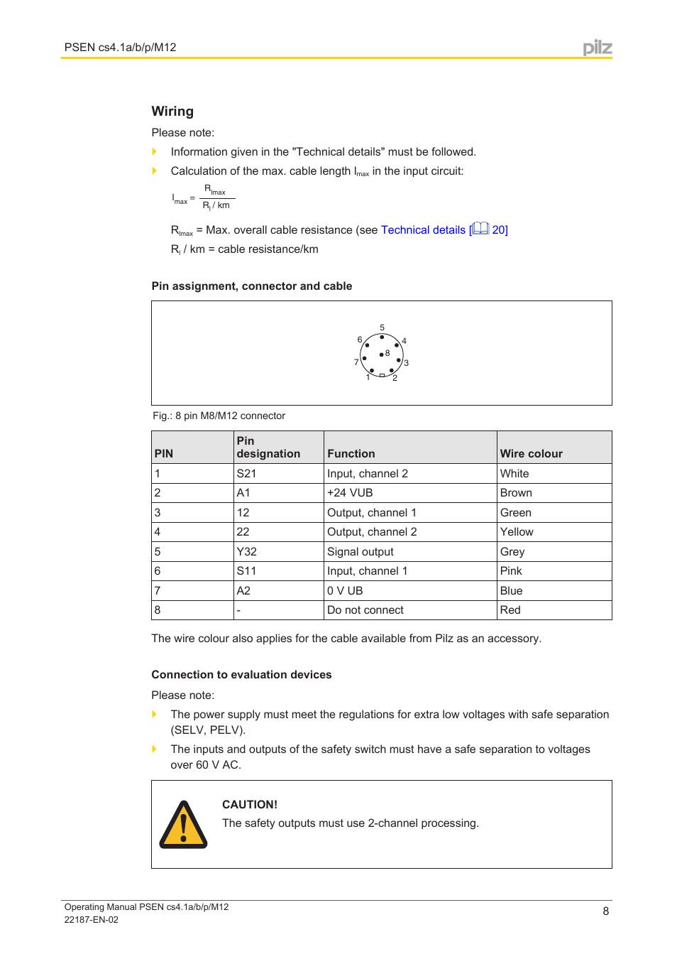 Wiring, Pin assignment, connector and cable, Connection to evaluation devices | Pilz PSEN cs4.1a User Manual | Page 8 / 27