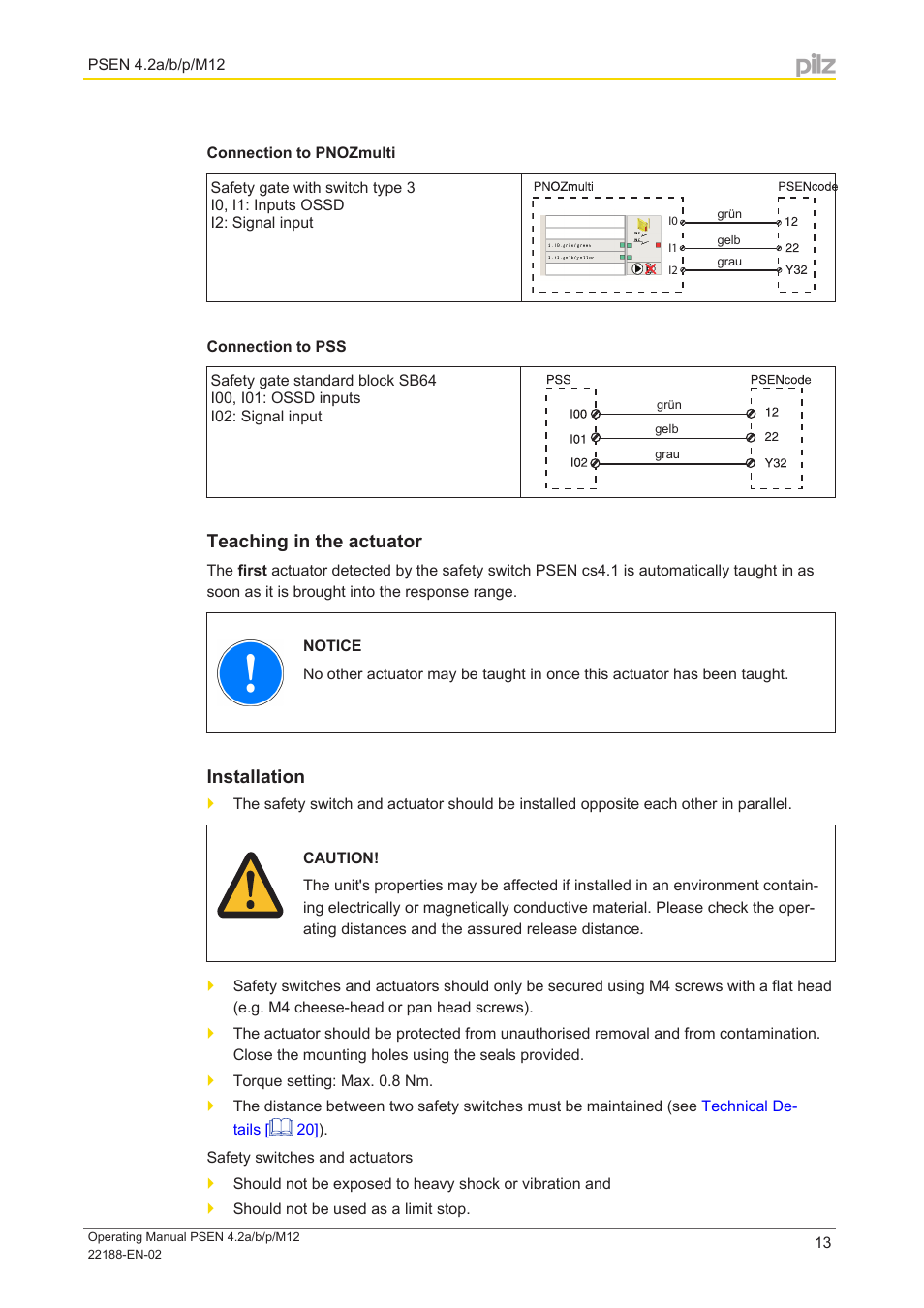 Connection to pnozmulti, Connection to pss, Teaching in the actuator | Installation | Pilz PSEN cs4.2a User Manual | Page 13 / 27