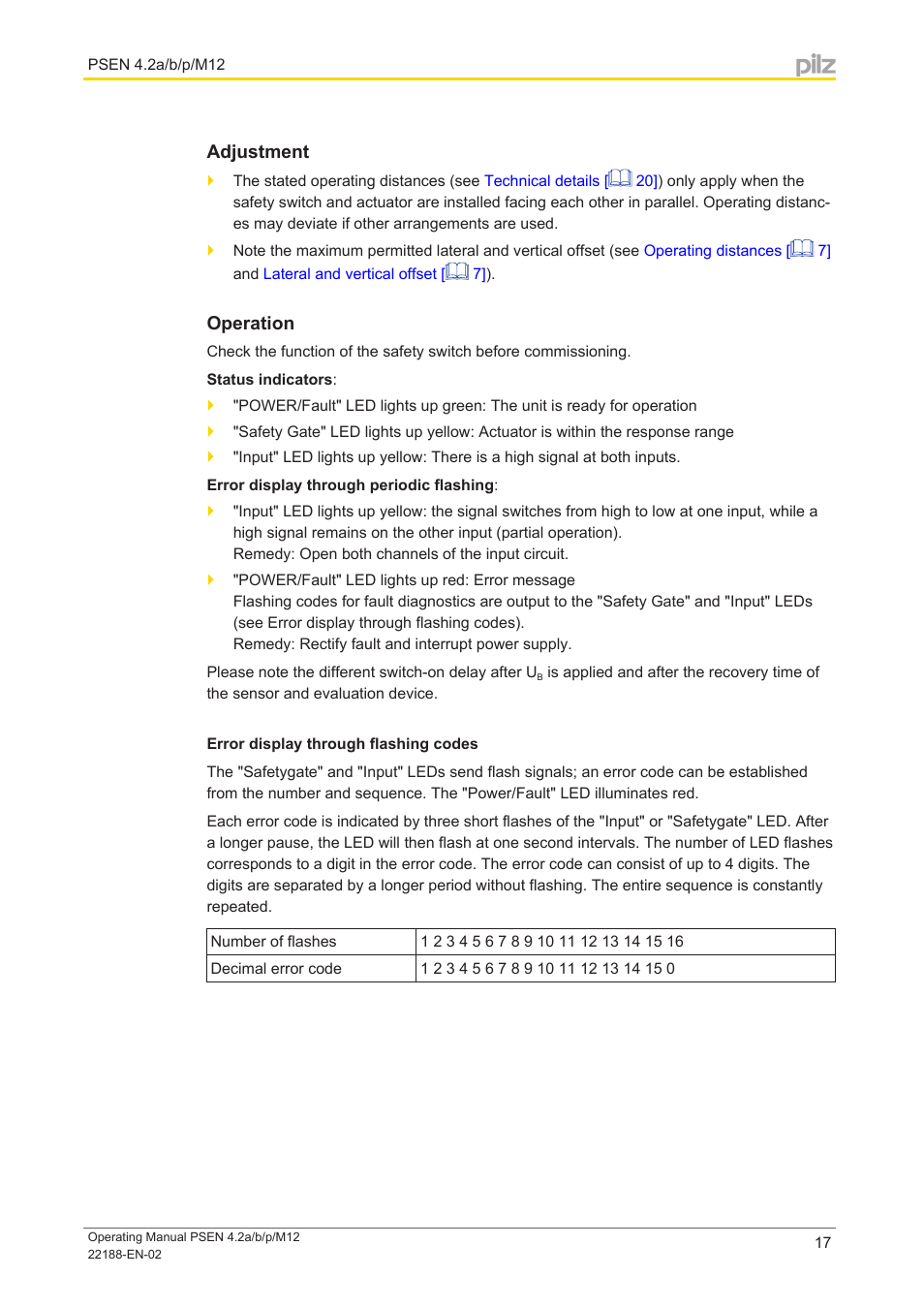 Adjustment, Operation, Error display through flashing codes | Pilz PSEN cs4.2a User Manual | Page 17 / 27