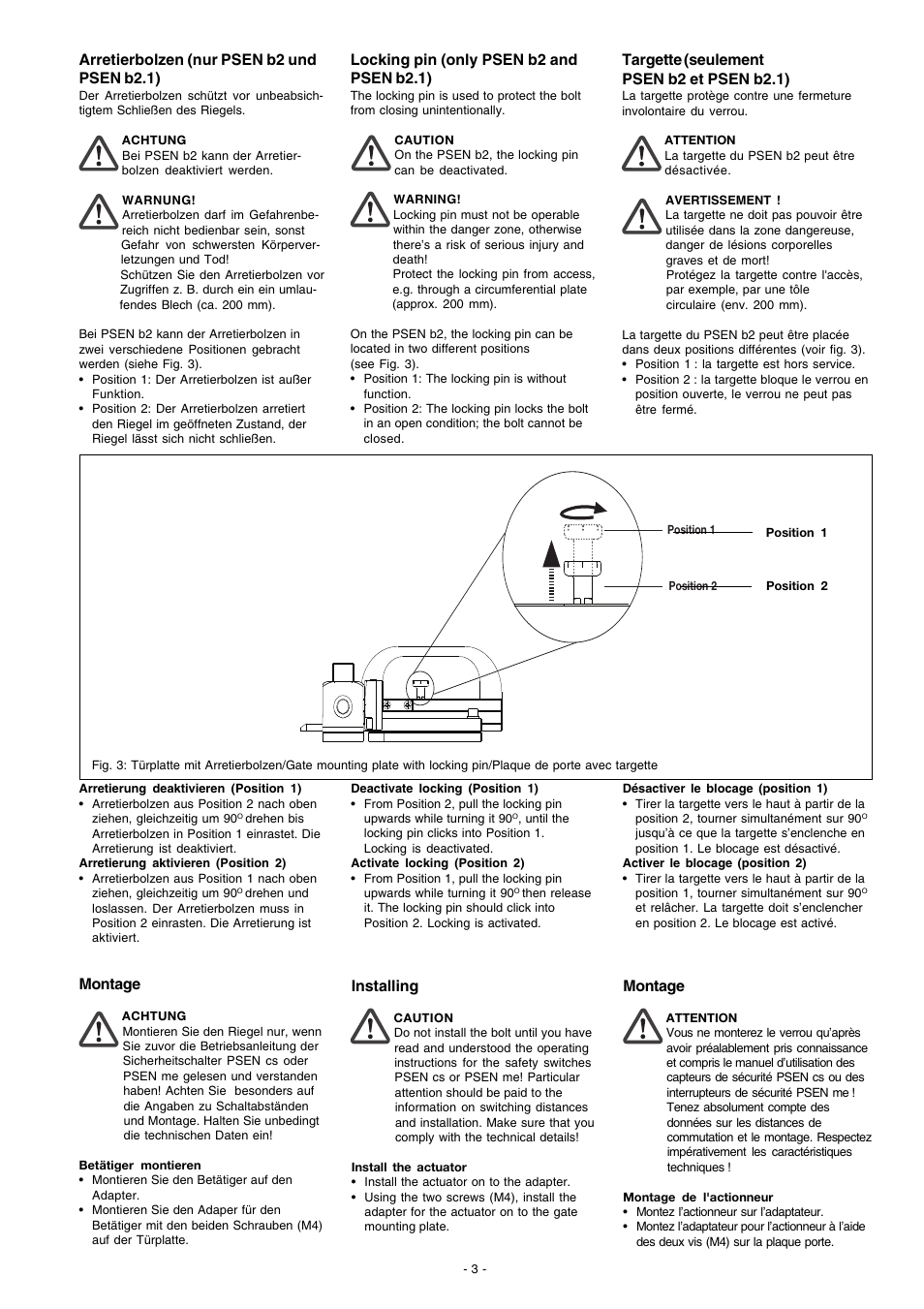 Arretierbolzen (nur psen b2 und psen b2.1), Montage, Locking pin (only psen b2 and psen b2.1) | Targette (seulement psen b2 et psen b2.1), Installing | Pilz PSEN b2.1 User Manual | Page 3 / 6