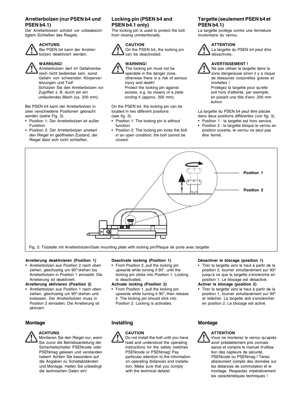 Arretierbolzen (nur psen b4 und psen b4.1), Montage, Locking pin (psen b4 and psen b4.1 only) | Installing, Targette (seulement psen b4 et psen b4.1) | Pilz PSEN b5 User Manual | Page 3 / 6