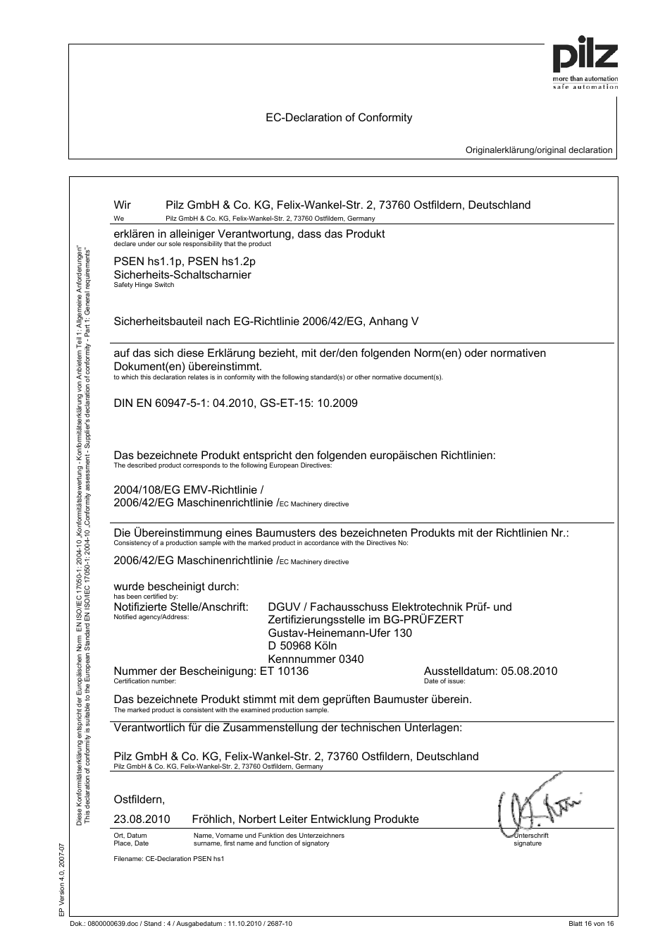 Eg-konformitätserklärung, Ec-declaration of conformity, Wurde bescheinigt durch | Notifizierte stelle/anschrift | Pilz PSEN hs1.2p User Manual | Page 16 / 16