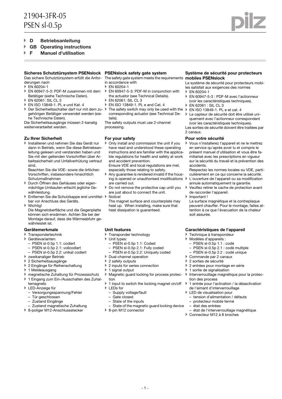 Pilz PSEN sl-0.5fm 1unit User Manual | 16 pages