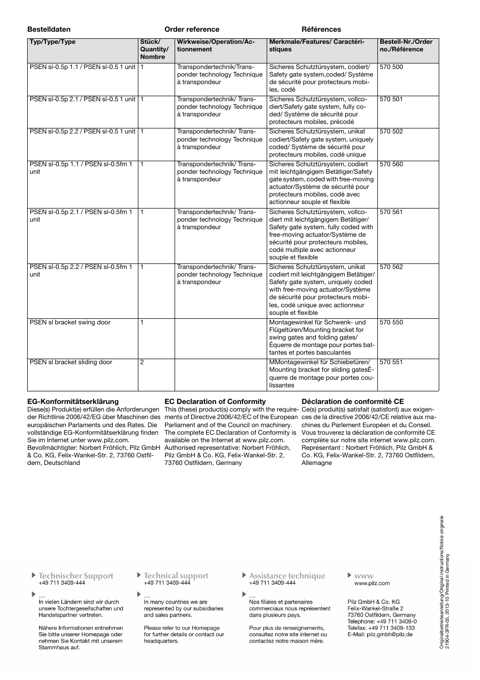 Bestelldaten order reference références, Eg-konformitätserklärung, Ec declaration of conformity | Déclaration de conformité ce | Pilz PSEN sl-0.5fm 1unit User Manual | Page 16 / 16