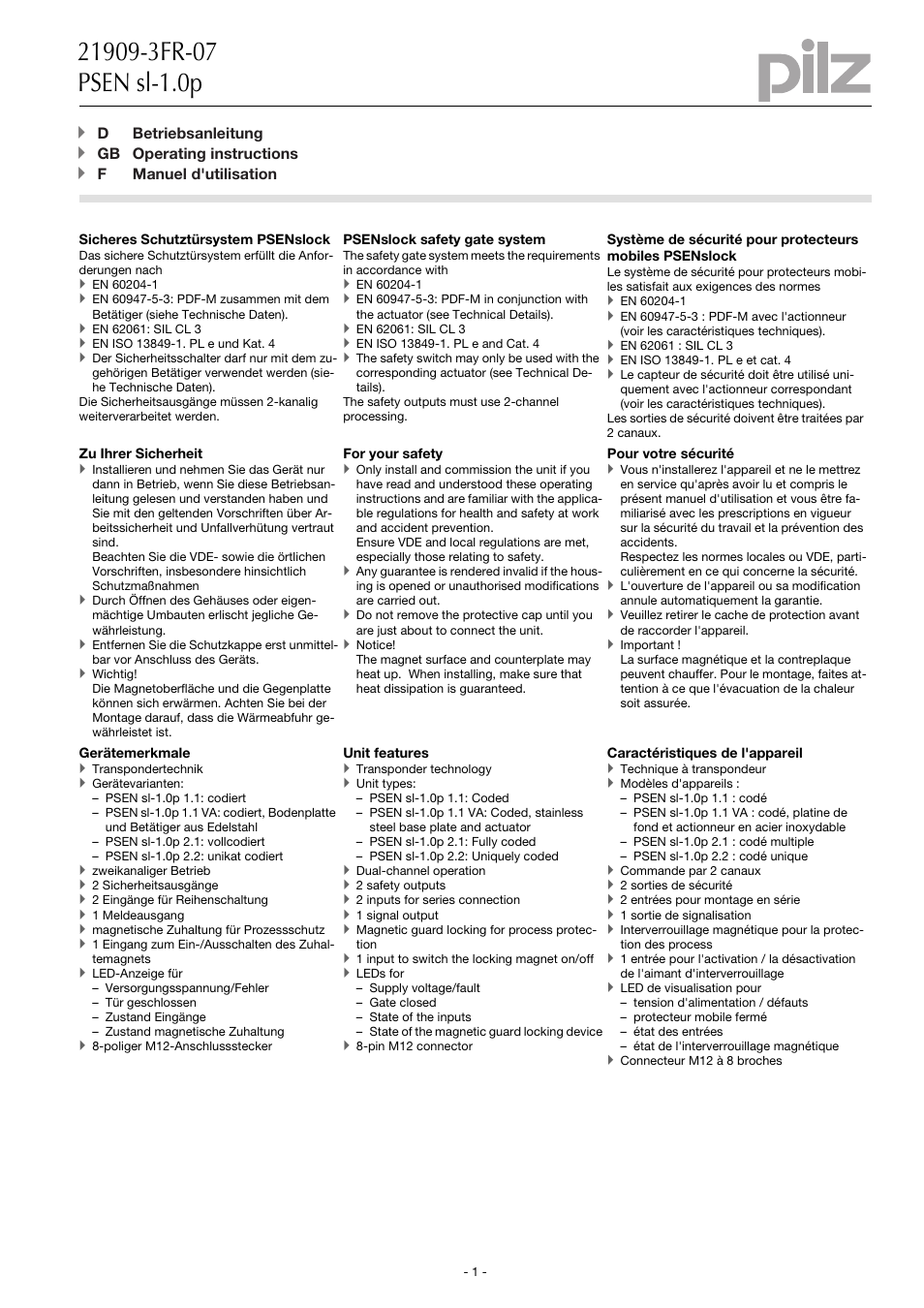 Pilz PSEN sl-1.0fm 1unit User Manual | 18 pages