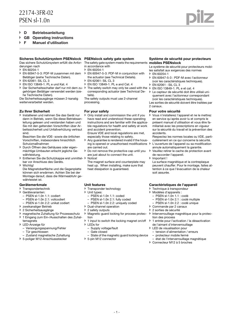 Pilz PSEN sl-1.0n 2.2 User Manual | 16 pages