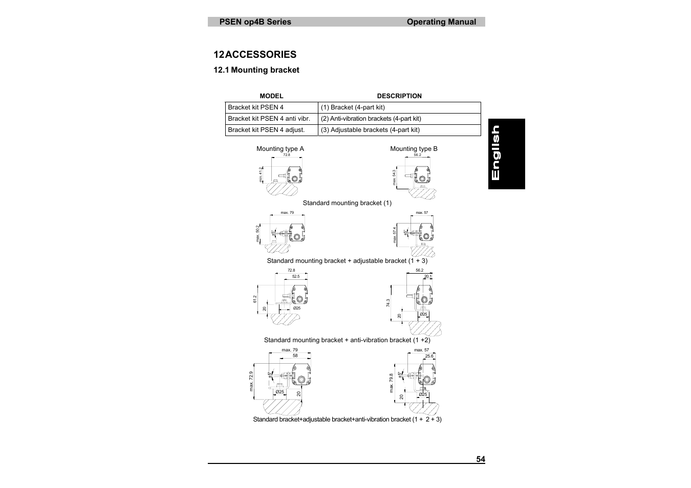 12 accessories, Psen op4b series operating manual 54, 1 mounting bracket | Pilz PSEN op4B-S-3-080 User Manual | Page 58 / 62