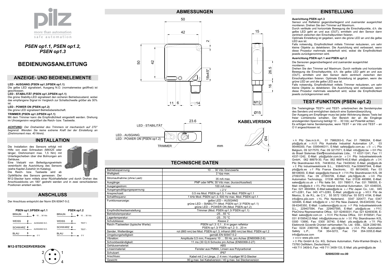 Pilz PSEN op1.2 Emitter M12 User Manual | 3 pages